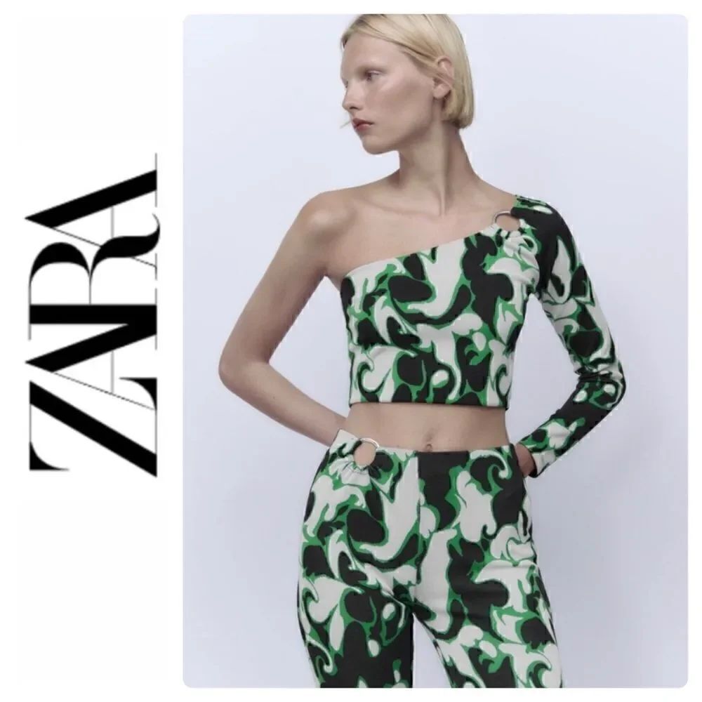 NWT Zara Jacquard Green, White & Black O Ring Asymmetrical Crop Top, Siz…